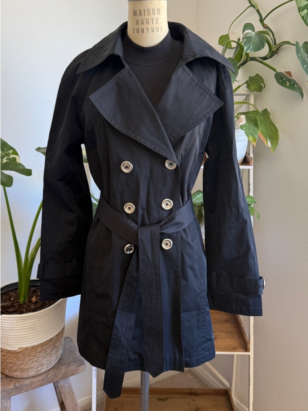 MICHAEL Michael Kors Black Double-Breasted Trench Coat Rain Coat with Belt